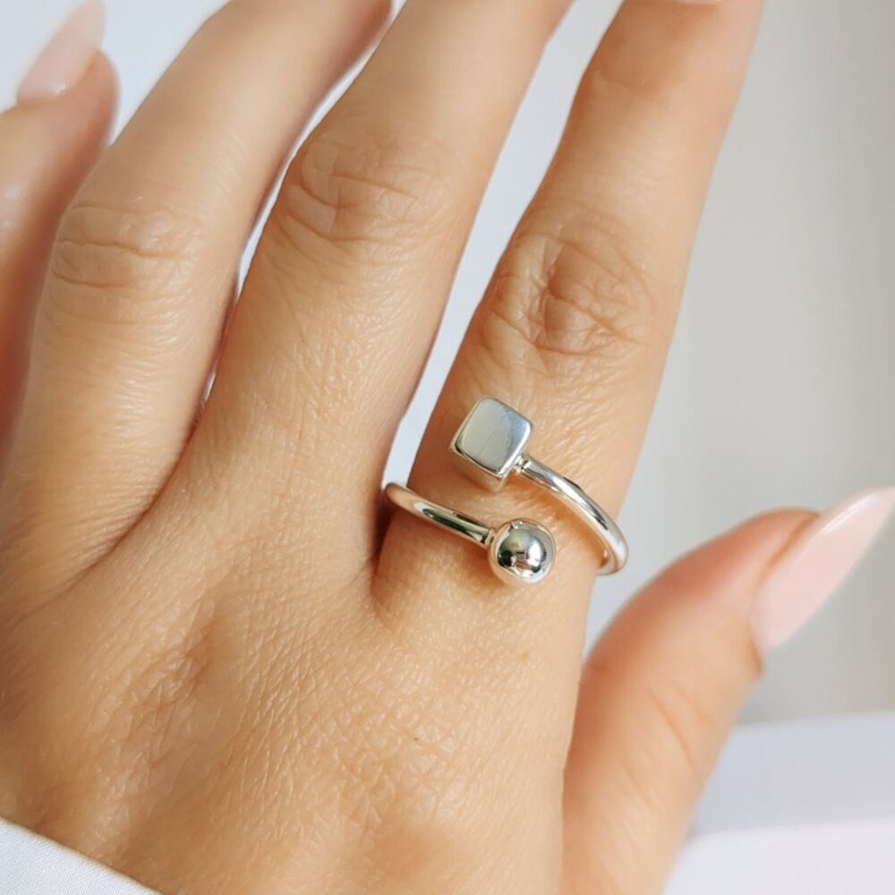 Sterling Silver Women Square Sphere Ring, 925 Ring, Sphere Ring, Adjustable Ring